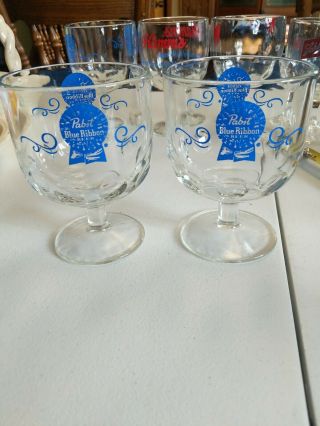 Pabst Blue Ribbon Beer Pbr Stemmed Thumbprint Goblet Glass Set Of 2 Vtg 1970 