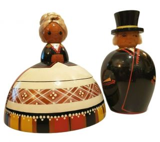 Vtg Pair Ussr Salvo Estonian Wooden Man & Woman Dolls Folk Art Souvenirs 5”