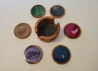 Brazilian Wood Multi Colored Agate Geode Stone Coasters Set Of 6 With Holder Vtg