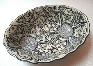 Mexican Talavera Pottery Kitchen Salad Fruit Bowl Large Oval Blue White 13 "