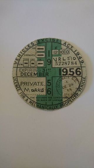 Vintage Car Tax Disc For A Morris 1956 Cornwall