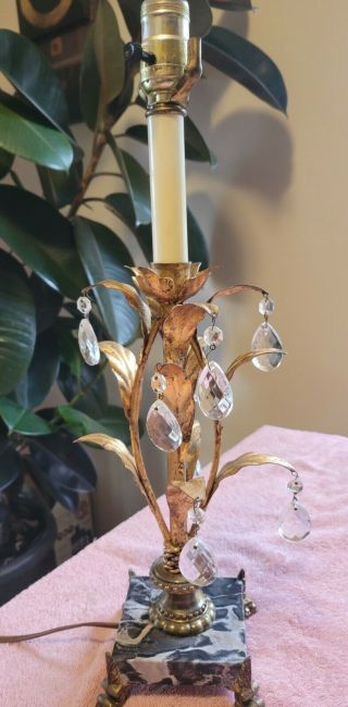 Vintage Hollywood Regency Italian Gold Gilt Lily Lamp Marble Base Crystal Prisms