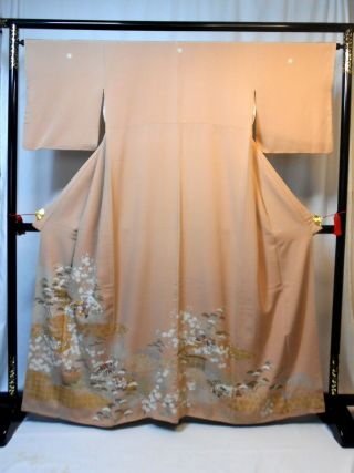 Japanese Kimono " Tomeside " Silk,  Gold/silver,  Family Crest,  Plants,  L 63.  5 ".  1717