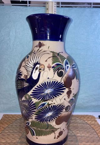 Mexican Tonala Sandstone Pottery 15”vase Hand Painted Enamel Parrot Bird Signed