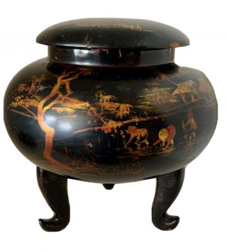 Vintage Asian Oriental Jar,  Black Lacquered Papier Mache,  Hand Painted Signed