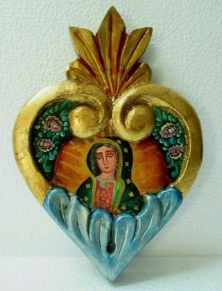 Mexican Folk Art Painted Wood Wall Heart Santo Retablo Virgin Guadalupe 9 "