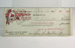1928 Miller Brothers 101 Ranch Wild West Show Bank Check Signed By George Miller