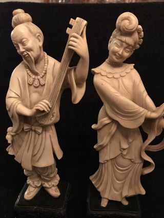 Vintage Chinese Statues Figures Ivory Color Carved Resin Great Shape 11”