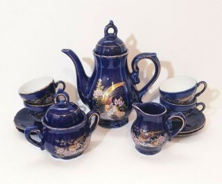 Cobalt Blue 11pc Japanese Tea Set - Pheasant And Floral Gold Design