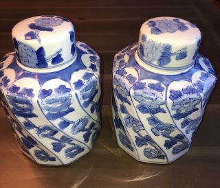 Matching Pair Blue & White Swirl Tea Ginger Jars Urns W Lids Ceramic Chinoiserie