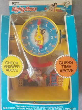 Vintage Mighty Mouse Teach Time Pendulum Clock W/ Orig.  Box Learning Toy 1981