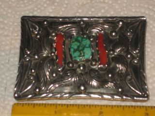 Vintage Native American Jewelry,  Belt Buckle,  Sterling Silver,  Turquoise,  M.  Thomas