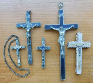 5x Antique Catholic Crucifix Cross Christ Metal Shell & Wood