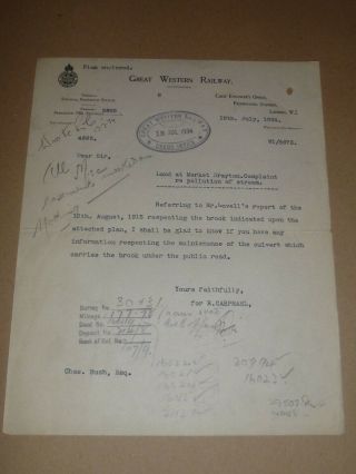 Rare Great Western Railway Deeds Office Land Pollution Of Stream Complaint 1934.