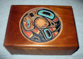 Artist Steven C.  Evans Eagle And Human Walnut Box With Tooled Leather,  Signed