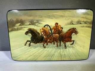 Fedoskino Hand Painted Russian Lacquer Box " Troika ",  Signed