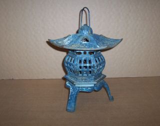 Vintage Cast Iron Japanese Garden Hanging Pagoda Lantern Or Incense Burner