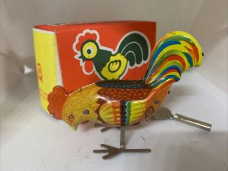 Russian Vintage Wind Up Clockwork Tinplate Toy Pecking Cockerel Bird Boxed
