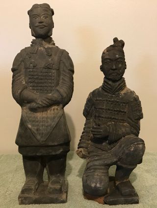 2 Large Vintage Chinese Terracotta Statues Of An Ancient Warriors Over 12 " Tall