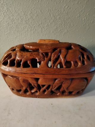 Vtg Olive Wood Carved African Animals Zimbabwe Oblong Basket W/ Lid
