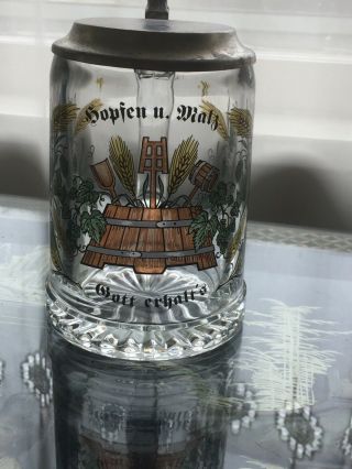 Vintage German Alwe Clear Glass Beer Stein With Zinn Pewter Lid " Bott Erhalts "
