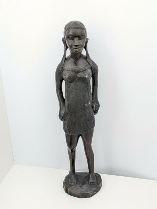 Vintage Hand - Carved Ebony Wood African Girl Woman Statue Tribal Art 11.  5 " Tall