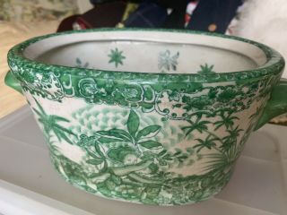 Asian Porcelain Oval Planter Green & White Fish Bowl/planter Floral 10 1/2” X 6