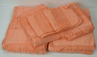 Vintage Cannon Monticello Coral Orange Scroll Shell 6pc Bath Towel Washcloth Set