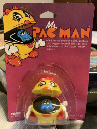 Tomy Ms Pac Man Wind Up Toy On Card 1982 Blue Ghost Arcade Vintage
