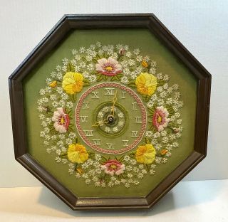 Vintage Handmade Embroidered Wall Clock Flowers Framed Embroidery Mcm Octagon