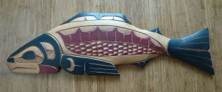 Vintage Native American Indian Hand Carved Wood Salmon Painted Signed Herb Rice