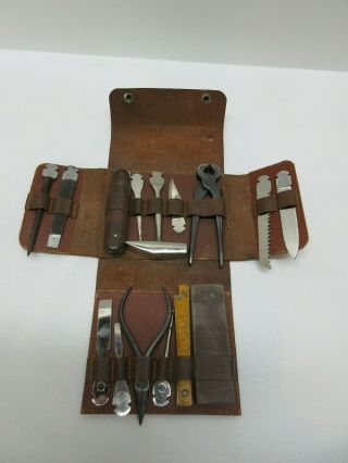 Vintage Henry Boker D.  R.  G.  M.  German Pocket Knife Tool Kit In Leather Case