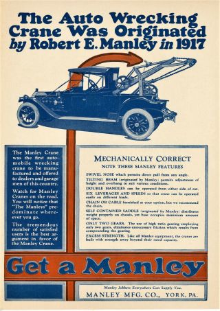 1925 Vintage Manley Tow Truck Color Ad.  Wrecker Wrecking Cranes York,  Pa