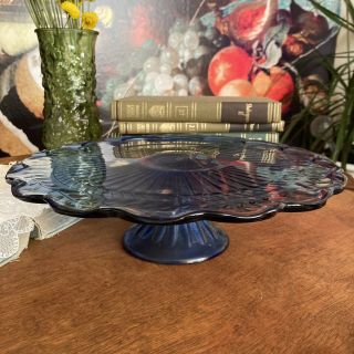 Vtg Cobalt Blue Depression Glass Cake Plate Pedestal Stand Laurel Leaf 11 3/4 "