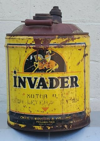 Vintage Invader Motor Oil 5 Gallon Can Knight Graphic Sign Gas Station Auto