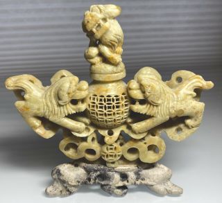 Chinese Foo Dog Lion Carved Soapstone Stone Vase Figurine Burner Urn Censer