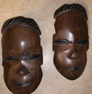 Vintage 2 Solid Wood African Hand - Carved Masks 9” X 5” & 9 1/4” X 4.  5”