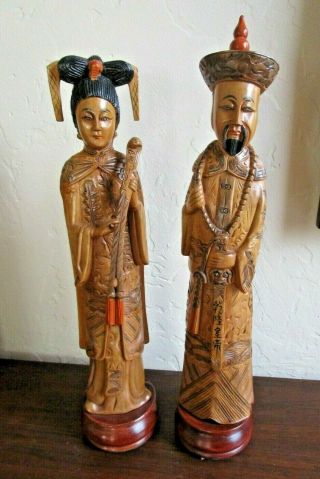 Vintage Chinese Asian Man And Woman Figurines,  Carved Wood Or Resin - 14 " Tall