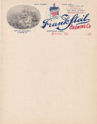 1900s Frank Steil Brewing Co,  Baltimore,  Maryland Color Pre - Pro Letterhead