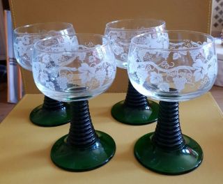 4 X Vintage Retro Mid Century Green Beehive Stemmed Etched French Wine Glasses