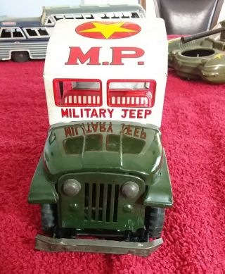 Vintage Daiya Japan Tin Litho Friction Car Military Police Green M.  P.  Jeep
