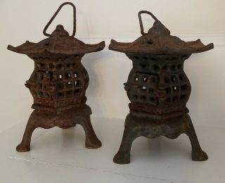 Vintage Set Of 2 Japanese Cast Iron Pagoda Hanging/standing Garden Lanterns