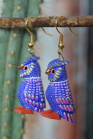 Alebrije Blue Owl Earrings Detailed By Ana Xuana Handmade Oaxaca Mexico Folk Art