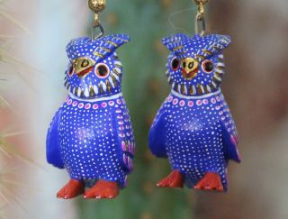 Alebrije Blue Owl Earrings Detailed by Ana Xuana Handmade Oaxaca Mexico Folk Art 2
