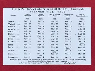 SHAW SAVILL & ALBION COMPANY LTD. ,  STEAMER TIME TABLE CARD 1885. 2