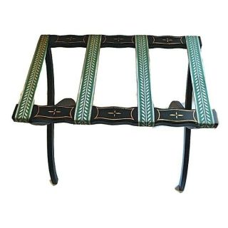 Vintage Folding Luggage Rack Black Gold Toleware Wood Valet Stand Tapestry Strap