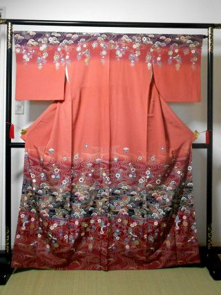 Japanese Kimono " Houmongi " Silk,  Gold/silver,  Flower & Bird,  Stream,  65 ".  1468