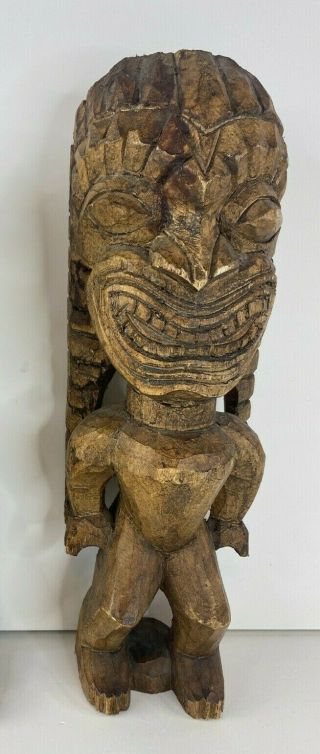 Vintage Hand Carved Hawaiian Polynesian Tiki Statue Solid Wood 13.  5 Inches Tall