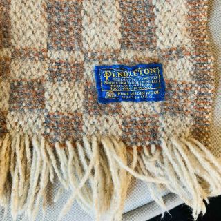 Vintage 70s Pendleton Made In Usa Wool Tan Beige Wacky Checkered Fringe Blanket