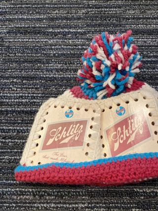 Vintage SCHLITZ Winter Hat Pom Pom Ski Cap Beanie Stocking Warm Beer 2